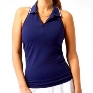 ATHLETA 100% nylon navy dark blue momentum seamless polo collarded racer tank L